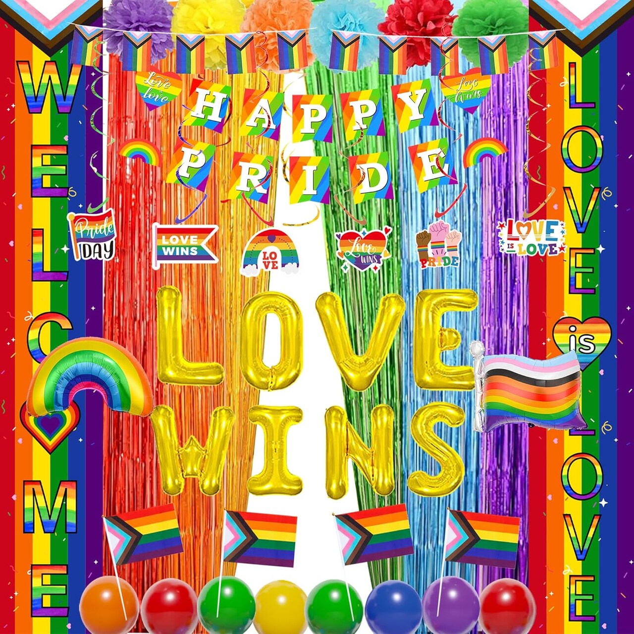 64PCS Pride Month Decorations with Rainbow Foil Curtain, Porch Sign , Banner, Balloons and Flags